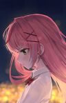  1girl absurdres apopo aqua_streaks blurry blurry_background bokeh bow bowtie city_lights collared_shirt commentary_request crying crying_with_eyes_open depth_of_field earrings from_side glint green_eyes hair_ornament hairclip hanako_nana heart heart_earrings highres jewelry long_hair multicolored_hair night outdoors pink_hair profile red_bow red_bowtie red_streaks school_uniform shirt solo stellive straight_hair streaked_hair tears upper_body virtual_youtuber white_shirt x_hair_ornament 