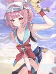  1girl animal_ears arm_up beach blue_one-piece_swimsuit commentary_request doa_(xmxa8422) earclip goggles goggles_on_head gun hair_ornament hairclip highres holding holding_gun holding_weapon karin_(stella_sora) long_hair looking_at_viewer one-piece_swimsuit pink_hair playboy_bunny_swimsuit rabbit_ears rabbit_girl red_eyes solo stella_sora swimsuit thigh_strap v-shaped_eyebrows water weapon 