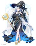 1girl bare_shoulders black_dress black_hat blue_hair breasts closed_mouth commentary_request copyright_notice crossed_legs dress elf full_body gold_shoes hair_between_eyes hand_up hat holding holding_own_hair holding_staff hololive ibara_riato jewelry juliet_sleeves large_breasts long_dress long_hair long_pointy_ears long_sleeves looking_at_viewer low_twintails mage_staff magical_girl off_shoulder official_alternate_costume official_art pointy_ears puffy_sleeves shoes side_slit smile solo staff thighlet twintails two-sided_dress two-sided_fabric very_long_hair virtual_youtuber wide_brim witch_hat yellow_eyes yukihana_lamy zoom_layer 