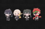  1girl 3boys absurdres allen_walker an-ko_(ankoankoazuki) arm_behind_head belt black_background black_boots black_coat black_hair black_jacket black_order_uniform black_pants black_skirt blue_eyes blunt_bangs blush blush_stickers boots buttons chibi chibi_only coat collared_coat collared_jacket colored_eyebrows commentary creature creature_on_hand cross crossed_arms d.gray-man earrings emblem eyepatch facial_mark feathered_wings frilled_skirt frills front_zipper frown full_body gloves golem_(d.gray-man) green_eyes green_hair green_headband grey_eyes hair_between_eyes headband high_ponytail highres hoop_earrings horizontal-striped_belt horns jacket jewelry kanda_yuu lavi lenalee_lee long_coat long_hair long_sleeves looking_at_another looking_at_viewer looking_to_the_side miniskirt multiple_boys one_eye_covered pants parted_bangs parted_lips ponytail purple_eyes red_hair red_scarf scar scar_across_eye scar_on_face scarf short_hair shoulder_pads sidelocks skirt smile spiked_hair striped_belt striped_clothes striped_coat striped_headband striped_jacket stud_earrings tail thigh_boots timcanpy twintails vertical-striped_clothes vertical-striped_coat vertical-striped_jacket white_gloves white_hair white_pants wings zipper 