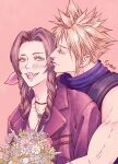  1boy 1girl 2022 aerith_gainsborough artist_name bandaged_arm bandages bare_shoulders blonde_hair blue_shirt blush bouquet choker closed_eyes closed_mouth cloud_strife commentary couple dated dress earrings fig82117s final_fantasy final_fantasy_vii final_fantasy_vii_remake flower_choker gold_trim green_eyes hair_ribbon hetero highres holding holding_bouquet hug hug_from_behind jacket jewelry kissing_ear open_mouth parted_bangs pink_background pink_dress pink_ribbon red_jacket ribbon shirt short_hair sidelocks single_earring sleeveless sleeveless_turtleneck smile spiked_hair stud_earrings suspenders turtleneck untranslatable_commentary zipper 