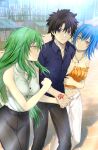 1boy 2girls absurdres arm_hug bare_shoulders black_hair black_pants blouse blue_eyes blue_hair blue_shirt blush breasts brick_road city cleavage collarbone command_spell commentary commission cowboy_shot crossover dainatsu dating day fate/grand_order fate_(series) fujimaru_ritsuka_(male) green_eyes green_hair hair_between_eyes highres holding_hands jewelry locked_arms long_hair looking_at_another medieval medium_breasts misery_(tensura) multiple_girls navel necklace outdoors pants pixiv_commission rain_(tensura) shirt short_hair side-by-side sleeveless smile tensei_shitara_slime_datta_ken white_pants white_shirt window 