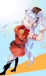  1girl absurdres animal_ears arm_up armband black_boots blunt_bangs blush boots bow breasts brown_hat commentary_request dress ear_bow ear_ribbon gloves gold_ship_(red_strife)_(umamusume) gold_ship_(umamusume) grey_hair hat highres horse_ears horse_girl horse_tail icomart_nemui large_breasts long_hair open_mouth pantyhose pillbox_hat purple_eyes red_dress sleeveless sleeveless_dress smile solo star_(symbol) striped_armband striped_clothes tail umamusume white_gloves white_pantyhose 