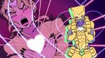  asami_poe_n blonde_hair commentary_request crossed_wrists dio_brando earrings glowing_heart headband heart heart_hands heart_headband heart_in_heart_hands heart_on_chest highres jacket jewelry jojo_no_kimyou_na_bouken love_je_t'aime male_focus moe_moe_kyun! parody red_eyes scene_reference shooting_through_heart so_moe_i'm_gonna_die! stand_(jojo) stardust_crusaders the_world_(stand) vampire 