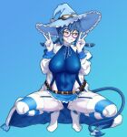  1girl absurdres belt blue_background blue_hair blue_hat blue_leotard blue_nails blue_skirt blue_tail blue_thighhighs blush braid braided_twintails breasts cameltoe coat colored_sclera colored_skin commentary demon_tail english_commentary eyewear_on_head glasses goggles goggles_on_headwear grey_sclera grey_skin hat highres indie_virtual_youtuber large_breasts leotard looking_at_viewer miniskirt round_eyewear sharp_teeth skirt solo spookyjamil spread_legs squatting striped_clothes striped_thighhighs tail teeth test_tube test_tube_holster thighhighs thighs tiefling twin_braids v virtual_youtuber white_coat white_thighhighs witch_hat yellow_eyes yomi_quinnley 