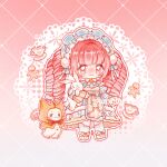  1girl ahoge animal apron blue_bow blue_dress blue_hairband blue_socks blunt_bangs bow bow_apron bowtie brooch brown_eyes cat chibi chinese_commentary classic_lolita cloak clothed_animal commentary_request cup dress drill_hair ear_covers eyelashes floral_print footwear_bow frilled_apron frilled_dress frilled_hairband frilled_sleeves frills fur-trimmed_dress fur_trim gingerbread_man gingerbread_tale_(shining_nikki) gradient_background hair_bow hair_ornament hairband halftone halftone_background happy highres holding holding_stuffed_toy hood hood_up hooded_cloak jewelry jingyanyan juliet_sleeves kneehighs lace_background lolita_fashion lolita_hairband long_dress long_hair long_sleeves mary_janes momo_(nikki) nikki_(nikki) nikki_(series) official_alternate_color outline pink_background pink_hair plaid_clothes plaid_dress pom_pom_(clothes) pom_pom_hair_ornament print_dress procreate_(medium) puffy_sleeves red_bow red_bowtie sample_watermark saucer shining_nikki shoes sleeves_past_wrists socks standing stuffed_animal stuffed_rabbit stuffed_toy tareme teacup traditional_bowtie twintails two-tone_background very_long_hair waist_bow watermark whiskers white_apron white_background white_bow white_cat white_outline white_shoes x_navel yellow_bow yellow_cloak 