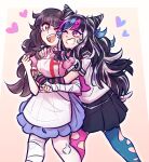  2girls apron asymmetrical_legwear bandaged_arm bandaged_hand bandaged_leg bandages bandaid bandaid_on_knee bandaid_on_leg black_hair black_sailor_collar black_skirt blue_hair blue_skirt blue_streaks blush collared_shirt commentary contrast_collar cosmiccolours danganronpa_(series) danganronpa_2:_goodbye_despair elbow_gloves english_commentary eyelashes face_piercing fingerless_gloves gloves grin hair_horns hand_on_another's_shoulder heart highres hug hug_from_behind jewelry long_hair mioda_ibuki mismatched_legwear mismatched_thighhighs mouth_piercing multicolored_hair multiple_girls multiple_rings neckerchief one_eye_closed piercing pink_eyes pink_hair pink_neckerchief pink_shirt pink_streaks purple_hair ring sailor_collar shirt skirt smile streaked_hair striped_clothes striped_gloves teeth thighhighs torn_clothes torn_thighhighs tsumiki_mikan upper_teeth_only white_apron white_hair white_shirt yuri 