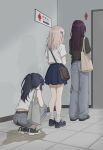  3girls ^^^ a_non44 absurdres arrow_(symbol) bag baggy_pants bare_legs belt black_hair black_shirt blue_skirt brown_hair commentary_request crossed_arms from_behind glasses grey_pants hair_bobbles hair_ornament hairclip handbag have_to_pee highres multiple_girls no_socks original pants pee pee_puddle pee_stain peeing peeing_self ponytail public_restroom purple_hair queue school_uniform shadow shirt shoes short_sleeves shoulder_bag skirt sleeveless sneakers socks squatting white_shirt white_socks women's_toilet_symbol 
