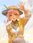  1girl :d aqua_eyes blue_sky braid brown_hat chinese_commentary chinese_text commentary_request emoticon french_text grey_neckerchief hand_up hat highres kaomoji leilani_(reverse:1999) low_twin_braids neckerchief pink_hair reverse:1999 shirt sky smile solo spanish_text speech_bubble teeth tied_shirt twin_braids upper_body upper_teeth_only waving xiao_qi_jiushi_yuchi yellow_shirt 