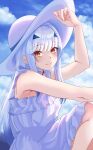  1girl absurdres bare_shoulders blue_sky breasts commentary dress fate/grand_order fate_(series) forked_eyebrows grin hat highres kayu_manis19 long_hair looking_at_viewer melusine_(fate) open_mouth sidelocks sky small_breasts smile solo sun_hat thighs white_dress white_hair white_hat yellow_eyes 