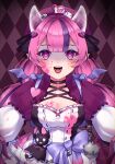  1girl :d absurdres ahoge backpack bag blood blood_on_clothes blood_on_face blue_bag blush breasts cleavage crystal_horns demon_girl demon_horns dress hair_ornament hat heart heart-shaped_pupils heart_ahoge heart_hair_ornament highres horns ironmouse ironmouse_(wonderland_reject) large_breasts long_hair looking_at_viewer miracle_(waaaracle) multicolored_hair open_mouth pink_dress pink_hair pointy_ears purple_eyes purple_hair purple_hat simple_background smile solo streaked_hair symbol-shaped_pupils twintails virtual_youtuber vshojo white_sleeves yandere 