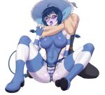  1boy 1girl absurdres ahoge blue_hair blue_leotard blue_tail blue_thighhighs braid braided_twintails breasts choke_hold colored_sclera colored_skin colored_tongue commentary covered_nipples demon_tail elbow_gloves english_commentary female_ejaculation female_ejaculation_through_clothes female_orgasm fingerless_gloves gloves grey_sclera hat highres indie_virtual_youtuber large_breasts leotard open_mouth orgasm purple_skin purple_tongue pussy_juice rolling_eyes round_eyewear saliva sharp_teeth spookyjamil strangling striped_clothes striped_gloves striped_thighhighs tail teeth thighhighs thighs tiefling tongue tongue_out virtual_youtuber wet yellow_eyes yomi_quinnley 