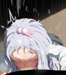  1boy 1girl absurdres bar_censor blush borrowed_character censored closed_eyes commentary_request deepthroat fellatio grey_hair hetero highres kanae_(rj) long_hair long_sleeves mizumizuni necktie oral original penis pink_necktie shirt solo_focus striped_clothes striped_necktie sweat white_shirt 