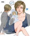  1boy bbeiiii_04 blonde_hair blue_dress blue_eyes blue_shirt character_doll character_request chinese_text commentary_request crossdressing crossdressing_(mtf) doll dress feet_out_of_frame grey_jacket heart highres holding holding_doll jacket leon_s._kennedy male_focus multiple_views pectoral_cleavage pectorals resident_evil resident_evil_requiem shirt short_hair smile speech_bubble translation_request 