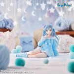  1girl animal_ear_fluff animal_ear_hairband animal_ears arm_at_side arm_support bang_dream! bang_dream!_it's_mygo!!!!! bare_shoulders blue_hair blue_hairband blue_leg_warmers blue_ribbon blue_socks blue_sweater blurry blurry_background blurry_foreground blush cat_ear_hairband cat_ears center-flap_bangs closed_mouth commentary_request company_name copyright_logo copyright_name copyright_notice crescent curly_sidelocks depth_of_field drawstring fake_animal_ears figure_(medium) fluffy_legwear full_body fur-trimmed_sleeves fur-trimmed_sweater fur_trim furrowed_brow hair_ribbon hairband hand_up leg_warmers legs_together logo long_hair long_sidelocks long_sleeves looking_at_viewer mobile no_pants no_shoes off-shoulder_sweater off_shoulder official_alternate_costume official_art photo_(medium) pocket pom_pom_(clothes) pom_pom_drawstring raised_inner_eyebrows ribbon sega sidelocks sitting sleepwear smile socks solo star_(symbol) striped_clothes striped_leg_warmers striped_socks sweater thighs togawa_sakiko two_side_up white_trim yarn yarn_ball yellow_eyes 