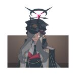  1girl absurdres black_halo black_horns blue_archive blue_eyes commentary_request curved_horns demon_horns gradient_halo gradient_horns grey_hair hair_over_one_eye halo hat highres horns long_hair looking_at_viewer makoto_(blue_archive) multicolored_halo multicolored_horns multiple_horns peaked_cap pointy_ears red_halo red_horns solo toucho3691 very_long_hair 