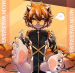 1girl animal_ears animal_print arknights artist_name barefoot body_fur breasts chinese_commentary closed_mouth commentary_request feet foot_focus furry furry_female glasses highres maxin_(xinzhisuozai) medium_breasts orange_eyes orange_hair pelvic_curtain round_eyewear short_hair soles solo spoken_blush tail tiger_ears tiger_girl tiger_print tiger_tail toes waai_fu_(arknights) 