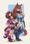  2girls absurdres animal_ears bag blue_bag blue_boots blue_dress blue_eyes blue_scarf blue_wrist_cuffs blush boots bow braid braided_ponytail breasts brown_hair chest_sarashi cleavage commentary dress ear_bow fang fangs fox_mask green_eyes grin gutalalaman hair_between_eyes happi high_heel_boots high_heels highres horse_ears horse_girl horse_tail inari_one_(edomurasaki)_(umamusume) inari_one_(umamusume) japanese_clothes kimono kouhaku_nawa large_breasts long_hair mask mask_on_head multicolored_hair multiple_girls open_mouth purple_happi purple_kimono rope sarashi scarf scrunchie shimenawa smile streaked_hair super_creek_(murmuring_stream)_(umamusume) super_creek_(umamusume) tail tasuki teeth thigh_boots twintails umamusume very_long_hair white_hair wrist_cuffs wrist_scrunchie 