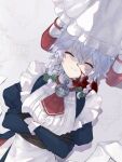  2girls adapted_costume apron aroused_nosebleed ascot blood blue_dress blush bow braid closed_eyes closed_mouth commentary_request dress female_pervert green_bow grey_hair hair_bow highres izayoi_sakuya juliet_sleeves long_hair long_sleeves maid mary_janes multiple_girls nosebleed pervert pocket_watch pool_of_blood puffy_sleeves red_ascot red_shoes remilia_scarlet shirataki_oden2 shoes skirt smile socks touhou twin_braids watch white_apron white_skirt white_socks 