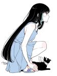  1girl animal aqua_eyes aqua_sandals aqua_streaks arms_at_sides asada_nikki bare_arms black_cat black_hair blue_dress blush cat commentary dress from_side full_body highres long_hair multicolored_hair original pet pleated_dress profile sandals sleeveless sleeveless_dress solo squatting straight_hair streaked_hair untranslatable_commentary very_long_hair white_background 