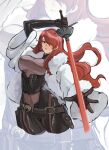  1girl black_corset bodysuit breasts coat commentary corset cropped_legs emily_botta english_commentary hair_over_one_eye highres holding holding_sword holding_weapon kirijou_mitsuru large_breasts long_hair persona persona_3 persona_4:_the_ultimate_in_mayonaka_arena rapier red_eyes red_hair solo sword very_long_hair weapon white_coat zoom_layer 
