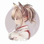  1girl ahoge aka_tonbo_(lililil) animal_ears artist_name blonde_hair border braid braided_base closed_mouth commentary_request crossed_arms extra_ears final_fantasy final_fantasy_xiv fox_ears from_side lalafell long_sleeves medium_hair original outside_border pink_background pointy_ears portrait profile robe round_border side_ponytail side_ponytail_with_braided_base sidelocks signature solo warrior_of_light_(ff14) white_border white_robe yellow_eyes 