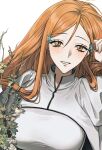  1girl black_trim bleach blush breasts commentary_request dress eubneung10571 hair_between_eyes hair_ornament hand_in_own_hair inoue_orihime juliet_sleeves korean_commentary large_breasts light_smile long_hair long_sleeves looking_at_viewer orange_eyes orange_hair parted_bangs parted_lips puffy_sleeves snowflake_hair_ornament solo upper_body white_background white_dress 