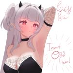  1girl absurdres armpits black_bra bra breasts cleavage closed_mouth demon_girl demon_horns fishnets grey_hair highres horns indie_virtual_youtuber large_breasts long_hair lucy_pyre melodyoneechan pointy_ears red_eyes solo underwear virtual_youtuber white_background 