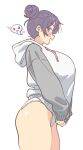  1girl :d absurdres blush breasts cowboy_shot english_commentary facing_ahead grey_hoodie hair_bun heart highres hood hood_down hoodie huge_breasts legs_together light_smile long_sleeves looking_at_viewer looking_to_the_side loose_clothes mayu_naisu original panties purple_eyes purple_hair short_hair simple_background smile solo speech_bubble standing straight_hair thick_thighs thighs underwear v_arms white_background white_hoodie white_panties 