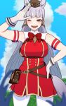  1girl absurdres animal_ears armband binware blue_sky blunt_bangs blush bow breasts brown_hat cloud commentary_request dress ear_bow ear_ribbon gloves gold_ship_(red_strife)_(umamusume) gold_ship_(umamusume) grey_hair hat highres horse_ears horse_girl horse_tail large_breasts long_hair looking_at_viewer one_eye_closed open_mouth pantyhose pillbox_hat purple_eyes red_dress sharp_teeth sky sleeveless sleeveless_dress smile solo striped_armband striped_clothes tail teeth umamusume white_gloves white_pantyhose 