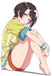  1girl :d absurdres barefoot black_hair blue_eyes commentary_request from_side full_body grin highres hololive irodori_drawpic knees_up looking_at_viewer oozora_subaru oozora_subaru_(1st_costume) shirt short_hair short_sleeves shorts simple_background sitting smile solo striped_clothes striped_shirt swept_bangs t-shirt two-tone_shirt vertical-striped_clothes vertical-striped_shirt virtual_youtuber white_background white_shirt white_shorts yellow_shirt 