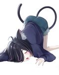  1girl ahoge animal_ear_fluff animal_ears artistic_error bad_anatomy bad_hands blue_shorts blush cat_ears cat_girl cat_tail closed_eyes commentary denim denim_shorts dermal_piercing floor hand_on_ground head_on_ground highres hood hoodie kneeling multicolored_hair on_ground open_mouth pale_skin pink_streaks pish_(aonekonekonyan) purple_hair short_hair shorts streaked_hair tail top-down_bottom-up white_background yani_neko yurufuwa_anal_tenshi_hameko 