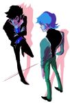  2boys against_wall asuka_ryou commentary_request crossed_arms devilman foot_against_wall from_above fudou_akira full_body jacket long_sideburns long_sleeves male_focus multiple_boys open_clothes open_jacket pants rvsa shirt short_hair sideburns standing white_background 