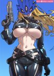  1girl :d absurdres beelstarmon belt black_gloves black_pants blonde_hair blue_background bread-n-butter breasts crop_top cropped_vest digimon evil_grin evil_smile gloves grin gun high_collar highres holding holding_gun holding_weapon large_breasts long_hair looking_at_viewer mask multiple_belts navel pants patreon_logo pink_eyes shiny_clothes shiny_skin simple_background smile solo teeth third_eye underboob upper_teeth_only vest weapon 