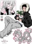  2boys :o absurdres artist_name bandaid bandaid_on_face beads belt black_belt black_eyes black_hair black_jacket chenpeipeii chinese_commentary commentary_request dragon fingernails food fruit fur-trimmed_hood fur_trim green_eyes grey_hair grey_pants hair_between_eyes highres holding holding_plant hood hood_up jacket long_hair_between_eyes long_sleeves male_focus mole mole_under_eye mole_under_mouth multiple_boys original pants peach plant potted_plant shirt short_hair watermark white_shirt 