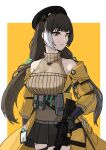  1girl absurdres ammunition_belt arm_behind_back assault_rifle bare_shoulders beret black_gloves black_hair black_skirt breasts brown_sweater_vest closed_mouth clothes_pull colt_9mm_smg commentary_request feet_out_of_frame girls'_frontline girls'_frontline_2:_exilium gloves gun hair_ribbon hat heterochromia highres holding holding_gun holding_weapon id_card jacket jacket_pull light_smile long_hair looking_at_viewer multicolored_hair off-shoulder_sweater off_shoulder open_clothes open_jacket red_eyes ribbon rifle ro635_(girls'_frontline) robella_(girls'_frontline_2) simple_background skirt solo standing streaked_hair submachine_gun sweater sweater_vest tanko3203 two-tone_background weapon white_background white_streaks yellow_background yellow_eyes yellow_jacket 