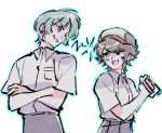  1boy 1girl anger_vein aokiyama_reiko brown_hair camera crossed_arms earrings english_commentary eye_contact ganbare!_nakamura-kun!! gbr_nkmr genderswap genderswap_(ftm) genderswap_(mtf) glaring hat highres holding holding_camera jewelry lightning_glare looking_at_another open_mouth pants shirt short_hair short_sleeves skirt smile tamura_arandou white_background white_shirt 