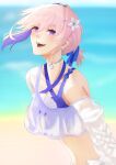  1girl absurdres bare_shoulders beach bikini blurry blurry_background blush breasts chinu_(nvtc2224) choker commentary day earrings fate/grand_order fate_(series) flower hair_between_eyes hair_flower hair_ornament hairclip highres jewelry long_sleeves looking_at_viewer mash_kyrielight mash_kyrielight_(swimsuit_of_perpetual_summer_ver.03) medium_hair navel open_mouth outdoors pink_hair pink_lips ponytail purple_bikini purple_ribbon ribbon shirt smile solo stomach stud_earrings swimsuit teeth tongue upper_teeth_only white_choker white_flower white_shirt 