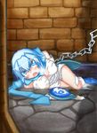  absurdres bdsm blue_hair blush bondage boots bound breasts brick_wall chain chained duel_monster fang fiendish_chain highres large_breasts looking_at_viewer scarf short_hair solo spirit-edge torn_clothes white_dragon_ninja yuu-gi-ou 