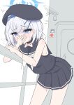  1girl absurdres bare_shoulders beret blue_archive blue_eyes blue_halo commentary_request grey_hair grey_sailor_collar hair_between_eyes halo hat highres medium_hair mizusaki_(kn27) neckerchief sailor_collar shirt sleeveless sleeveless_shirt solo sumika_(blue_archive) thighs vomit vomiting white_neckerchief 