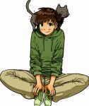  1boy animal_on_shoulder animification antenna_hair blush brown_hair brown_pants cat cat_on_shoulder drawstring edd_(eddsworld) eddsworld full_body green_hoodie green_shoes grey_cat grey_eyes hair_behind_ear heart2d1 highres hood hood_down hoodie long_sleeves looking_up male_focus pants ringo_(eddsworld) shoes short_hair simple_background sitting smile sneakers solo swept_bangs tabby_cat white_background 