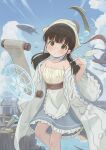  1girl aircraft airship bare_shoulders black_hair blue_skirt blue_sky blush closed_mouth cloud commentary_request day frilled_skirt frills green_eyes holding long_hair long_sleeves low_twintails magic_circle mimikaki_(men_bow) off_shoulder open_clothes open_robe original outdoors quill robe scroll skirt sky solo strapless twintails white_robe wide_sleeves 