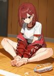  1girl akane_lize bare_legs barefoot black_bra black_eyes black_shorts blonde_streaks blush bottle bra bra_visible_through_clothes breasts butterfly_sitting closed_mouth commentary_request crew_neck cross cross_earrings ear_chain ear_piercing earrings gym_shirt hair_ornament hairclip hands_on_own_feet highres indoors jacket jacket_partially_removed jewelry korean_commentary large_breasts linked_piercing long_hair long_sleeves looking_at_viewer mole mole_under_eye multicolored_hair no_pupils parted_bangs piercing puddle red_hair red_jacket reda_(redapainting08) shirt short_shorts short_sleeves shorts single_earring sitting solo spilling stellive straight_hair streaked_hair sweat track_jacket underwear very_long_hair virtual_youtuber water water_bottle wet wet_clothes wet_shirt white_shirt wooden_floor 