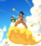  2boys absurdres black_hair blue_sash boots cloud commentary dragon_ball dragon_ball_(object) english_commentary flying halo hat highres jumpsuit male_focus multiple_boys muscular muscular_male open_mouth orange_jumpsuit sash sleeveless_jumpsuit smile son_goku sonjysonja toriyama_akira_(character) wristband 