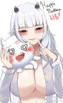  1girl absurdres blue_streaks blunt_bangs blush breasts cleavage demon_girl demon_horns english_commentary grey_hair happy_birthday highres horns indie_virtual_youtuber large_breasts long_hair looking_at_viewer lucy_pyre matt_estrela multicolored_hair pointy_ears red_eyes red_streaks seductive_smile shirt smile solo streaked_hair virtual_youtuber white_background white_shirt 