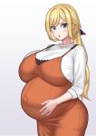  1girl :o alice_gear_aegis big_belly blonde_hair breasts commentary_request covered_navel dress gradient_background grey_eyes hair_ribbon hands_on_own_stomach highres huge_breasts jewelry long_hair low_ponytail orange_dress outie_navel ponytail pregnant ribbon ring rita_henschel seinz0 shirt sidelocks solo swept_bangs v-shaped_eyebrows wedding_ring white_shirt 