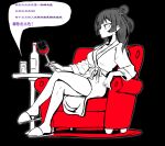  1girl absurdres bang_dream! bang_dream!_yumemita bathrobe black_background bottle breasts chair chinese_commentary chinese_text cleavage closed_mouth commentary_request cup drinking_glass hair_rings highres holding holding_cup limited_palette long_hair medium_breasts profile qiyue_qi single_hair_ring sitting slippers solo three-quarter_sleeves translation_request viola_(bang_dream!) voice_recorder wine_bottle wine_glass 