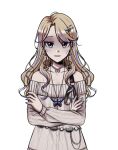 1girl ayami_(love_angel_syndrome) blonde_hair blue_nails blue_streaks breasts butterfly_necklace cleavage cowboy_shot crossed_arms dress game_asset jewelry love_angel_syndrome multicolored_hair necklace non-web_source off-shoulder_dress off_shoulder official_art partially_shaded_face pearl_necklace pink_eyes pink_streaks ribbed_dress self-datamine solo streaked_hair sweatdrop tachi-e transparent_background white_dress 