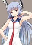  arm_up armpits ascot blue_hair collarbone dress fuuma_nagi grey_background hair_ribbon hand_on_hip headgear kantai_collection long_hair looking_at_viewer murakumo_(kantai_collection) purple_eyes ribbon sailor_dress sidelocks simple_background solo twitter_username very_long_hair 