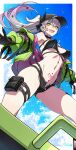  1girl bare_shoulders baseball_cap bikini black_bikini black_hands black_hat blue_sky blush body_markings breasts cloud colored_extremities commentary_request demon_girl demon_horns fangs fate/grand_order fate_(series) from_below full_body green_eyes green_jacket grey_hair hat highres horns hoverboard jacket lilith_(fate) lilith_(swimsuit_rider)_(first_ascension)_(fate) long_hair looking_at_viewer medium_breasts multicolored_jacket navel open_mouth outdoors pink_jacket ponytail pouch reibun_(raven1119) sky smile solo spread_fingers stomach stomach_tattoo surfboard surfing swimsuit tattoo teeth thigh_pouch thigh_strap two-tone_jacket upper_teeth_only water zipper_bikini 